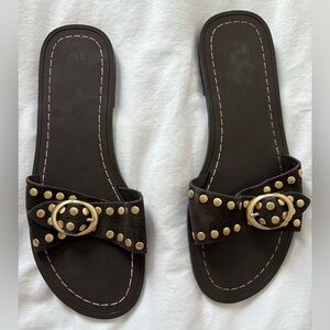 Zara Brown and Gold Slide Sandals